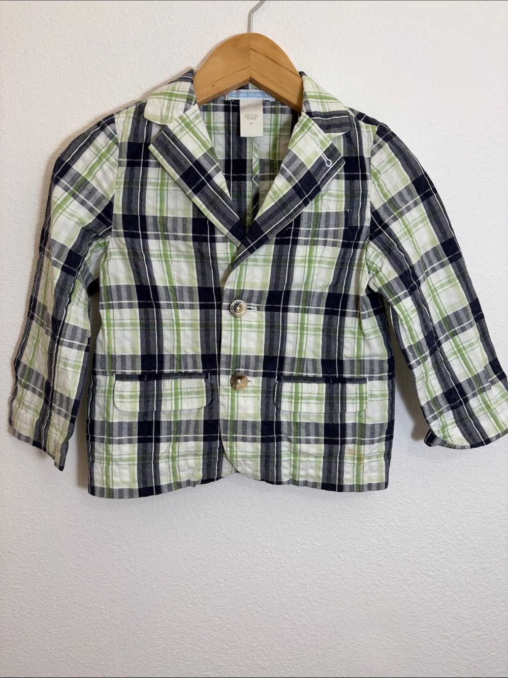 Janie and Jack Green Navy White Plaid Cotton Blazer Jacket